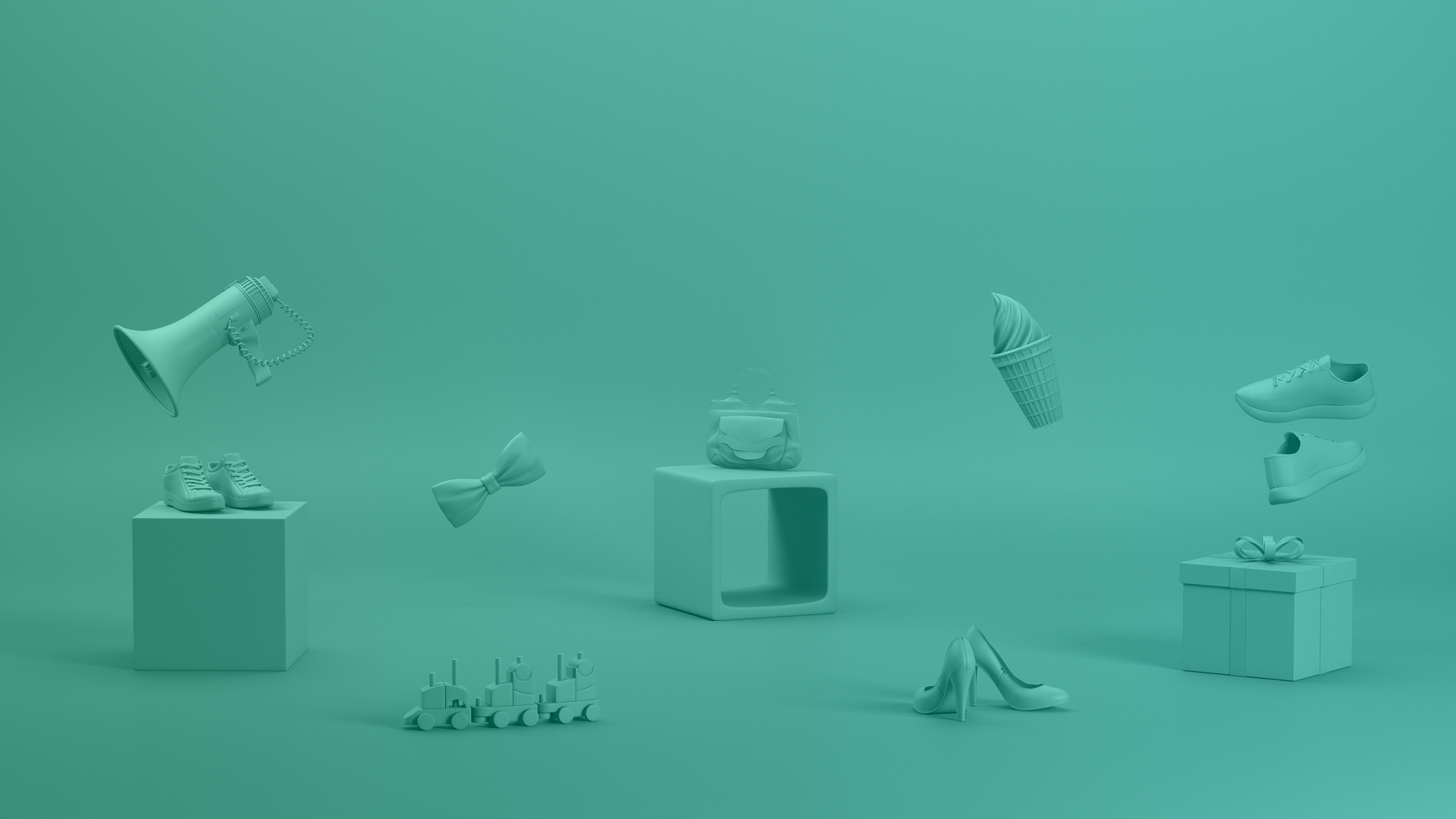 A minimalist scene featuring various teal-colored objects: a megaphone, shoes, a bow tie, ice cream, a gift box, and a toy train.