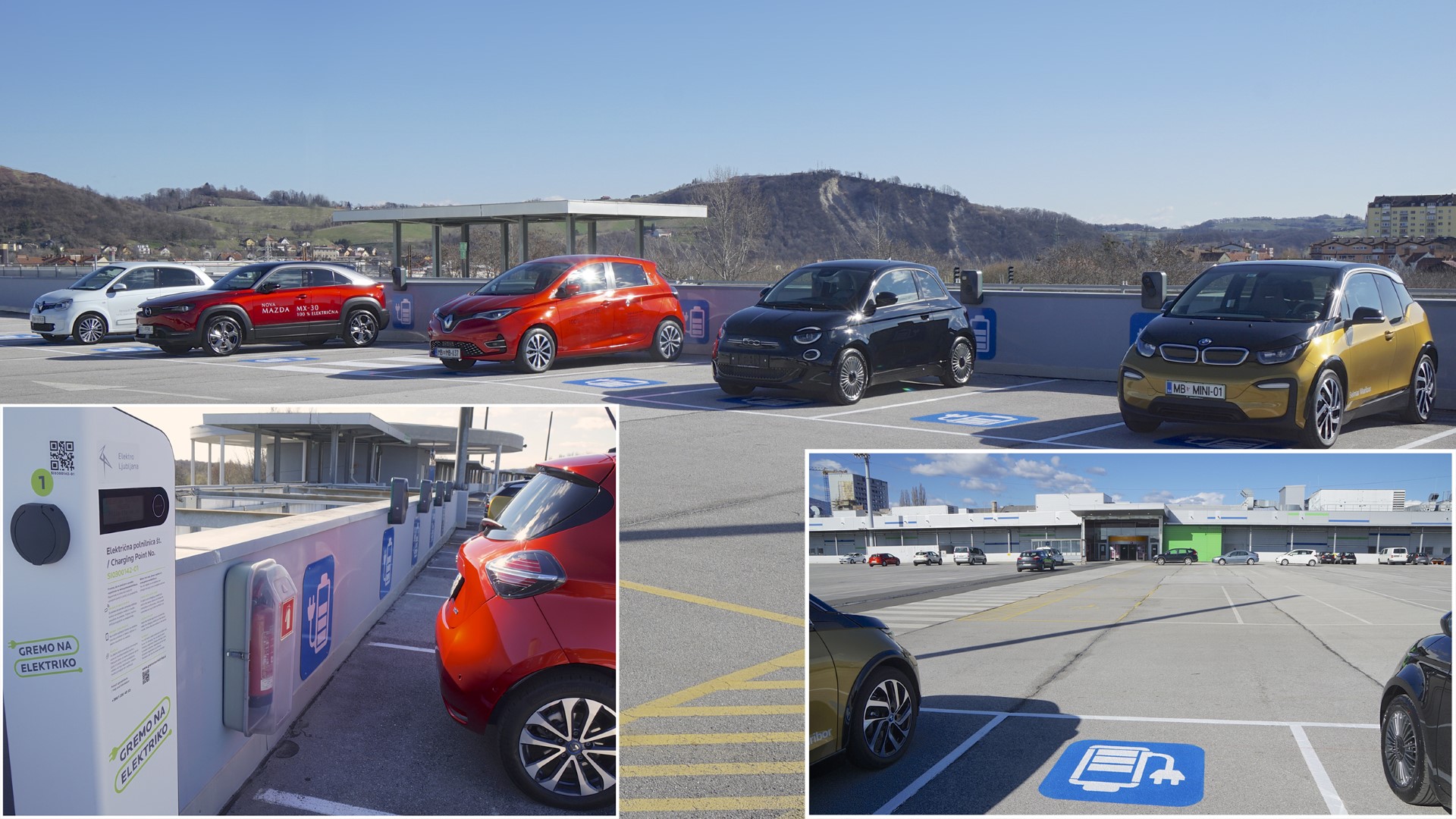 A parking lot with several electric cars and charging stations, featuring a clear blue sky and distant hills.